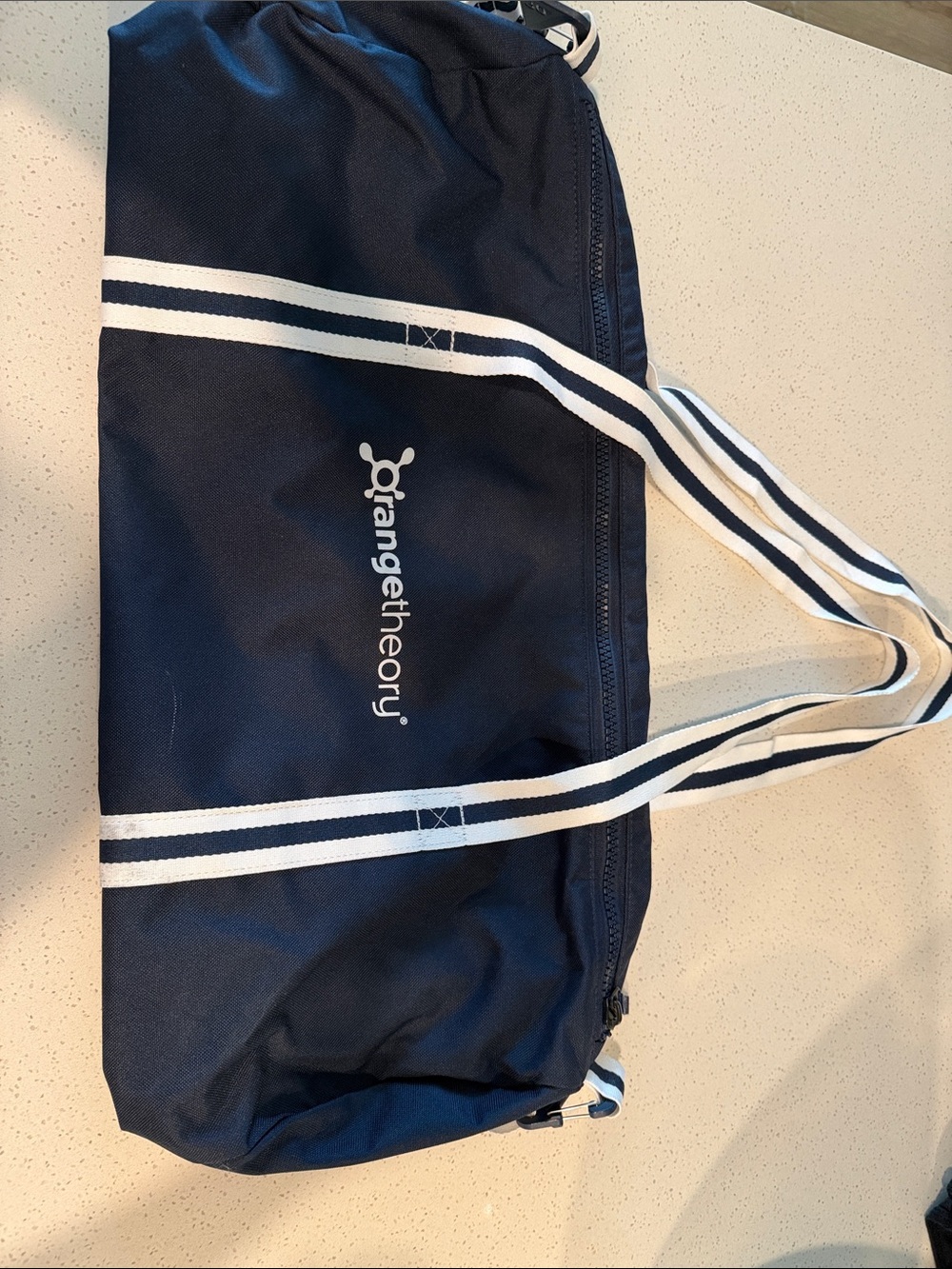 Orangetheory Navy Duffel with White Striped Handles